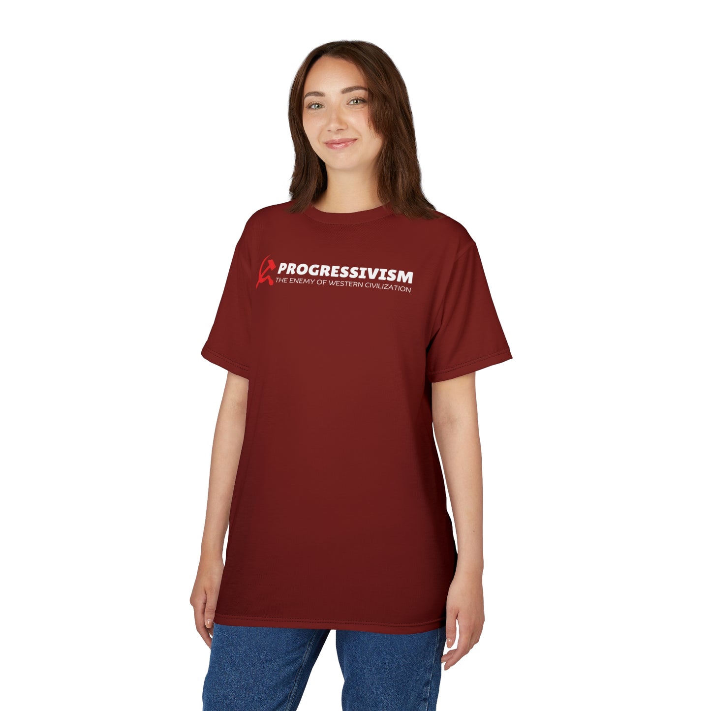 "Progressivism - Enemy of Western Civilization", Unisex Tee (Dark Scarlet)