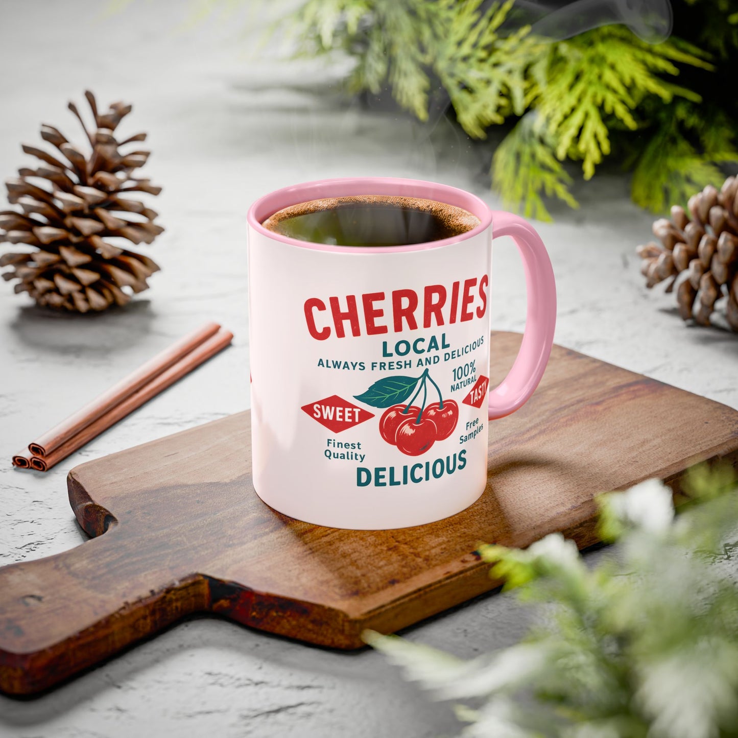 "Delicious Cherries", Colorful Mugs (11oz, 15oz) (Sea Salt Sherbet)