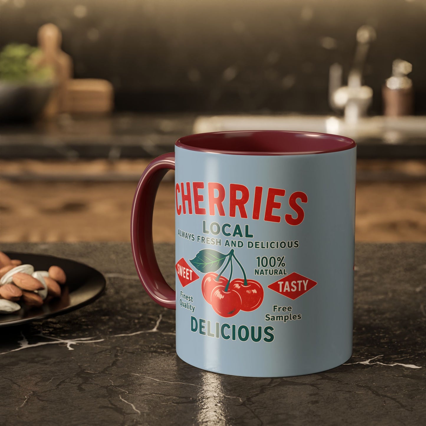 "Delicious Cherries", Colorful Mugs (11oz, 15oz) (Retro Sky)