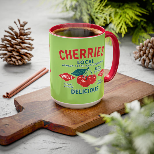 "Delicious Cherries", Colorful Mugs (11oz, 15oz) (Orchard Lime)
