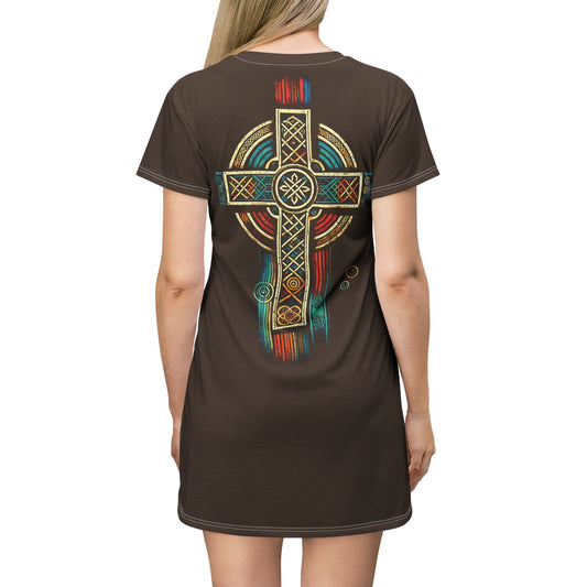 "Ancestral Faith", Wearable Art T-Shirt Dress (Dark Chocolate Brown)
