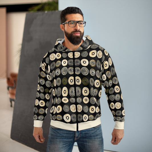 "Punk Polka", Wearable Pattern Art Unisex Zip Hoodie (Iced Almond Cuffs)