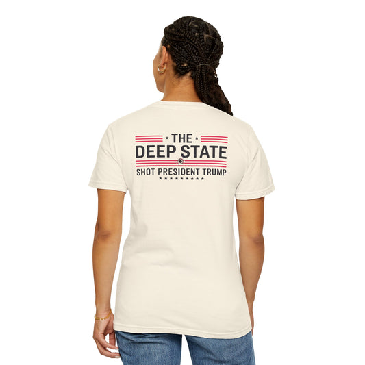 "The Deep State Shot President Trump" #02, Unisex White T-shirt