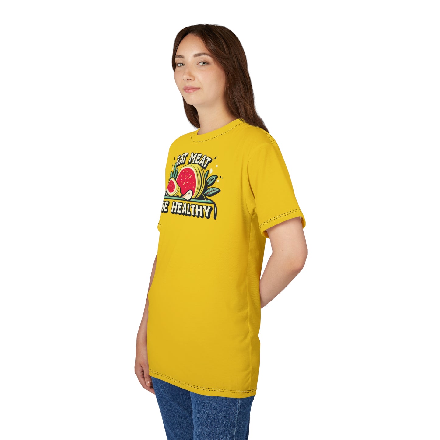 "Eat Meat & Be Healthy", Unisex T-shirt (Gold Yellow)