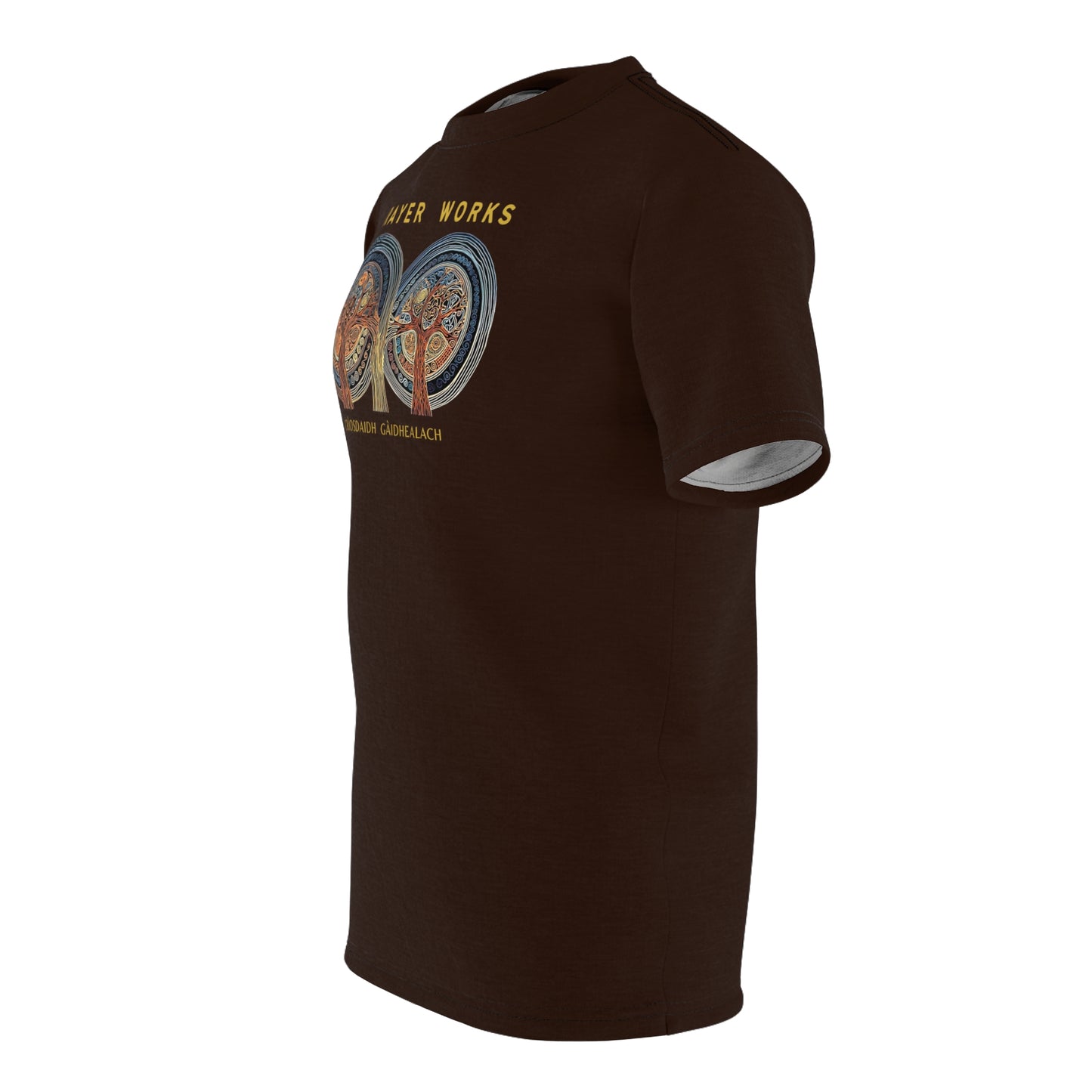 "Prayer Works – Gaelic Christian", Wearable Fine Art Unisex T-shirt (Rich Soil Brown)