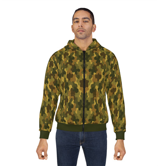 "SASR inspired Day-Ops Camouflage" Style 02, Unisex Wearable Art Zip Hoodie (SASR Green Cuffs and Waist)