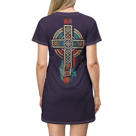 "Ancestral Faith", Wearable Art T-Shirt Dress (Academic Purple)
