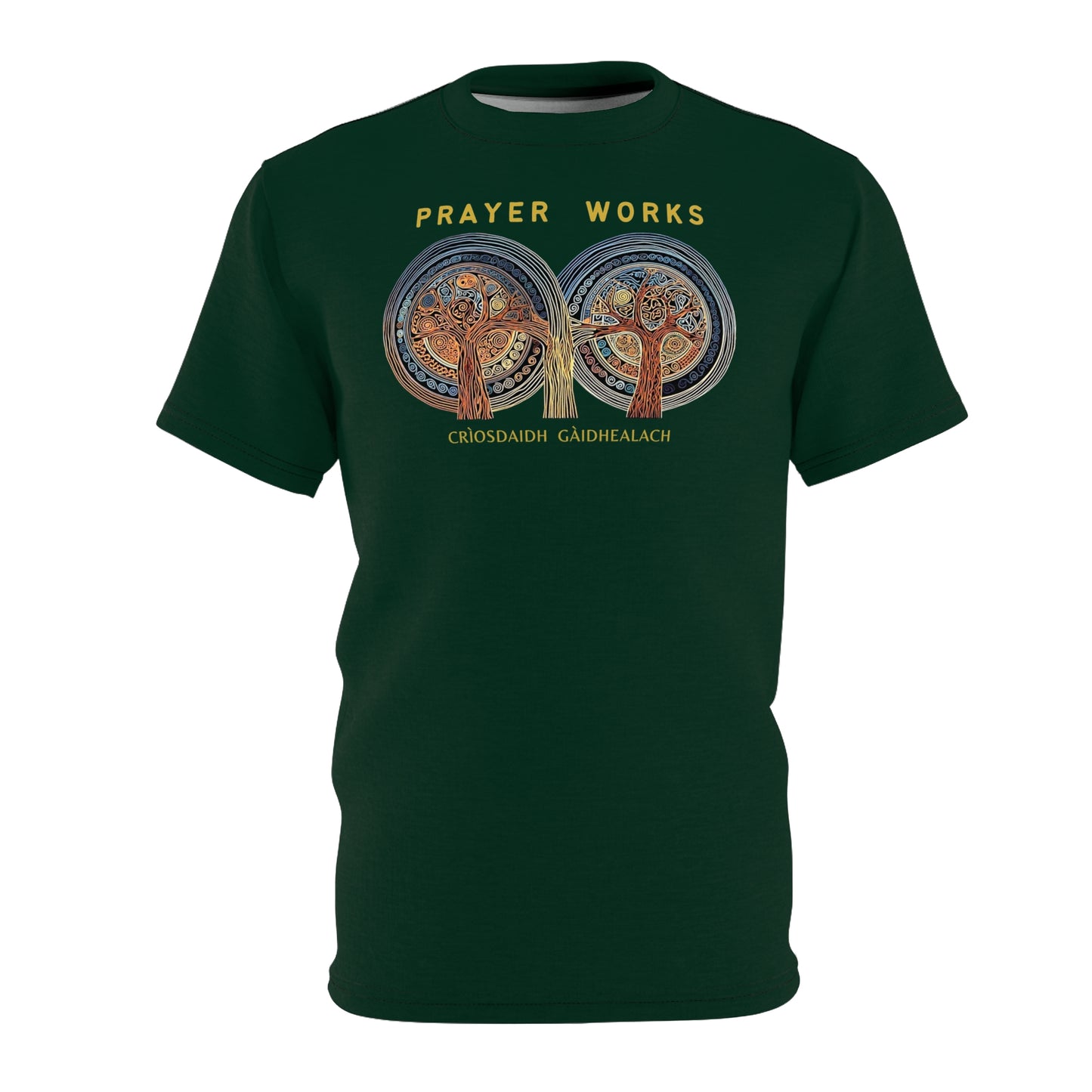 "Prayer Works – Gaelic Christian", Wearable Fine Art Unisex T-shirt (Deep Grove Green)
