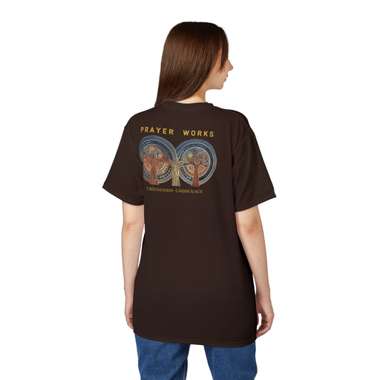 "Prayer Works – Gaelic Christian", Wearable Fine Art Unisex T-shirt (Rich Soil Brown)