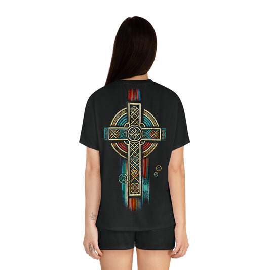 "Ancestral Faith", Wearable Art Women's Short Pajama Set (Black Collar)
