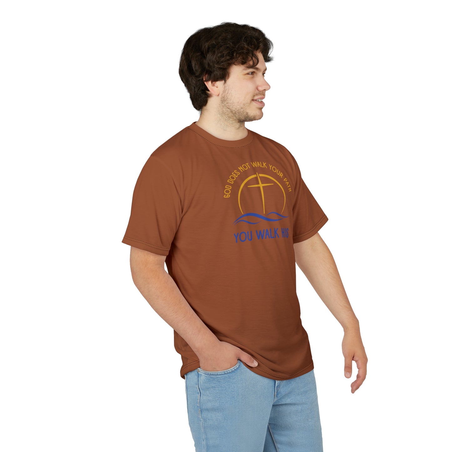 "God Does Not Walk Your Path", Unisex T-shirt (Sienna Brown)