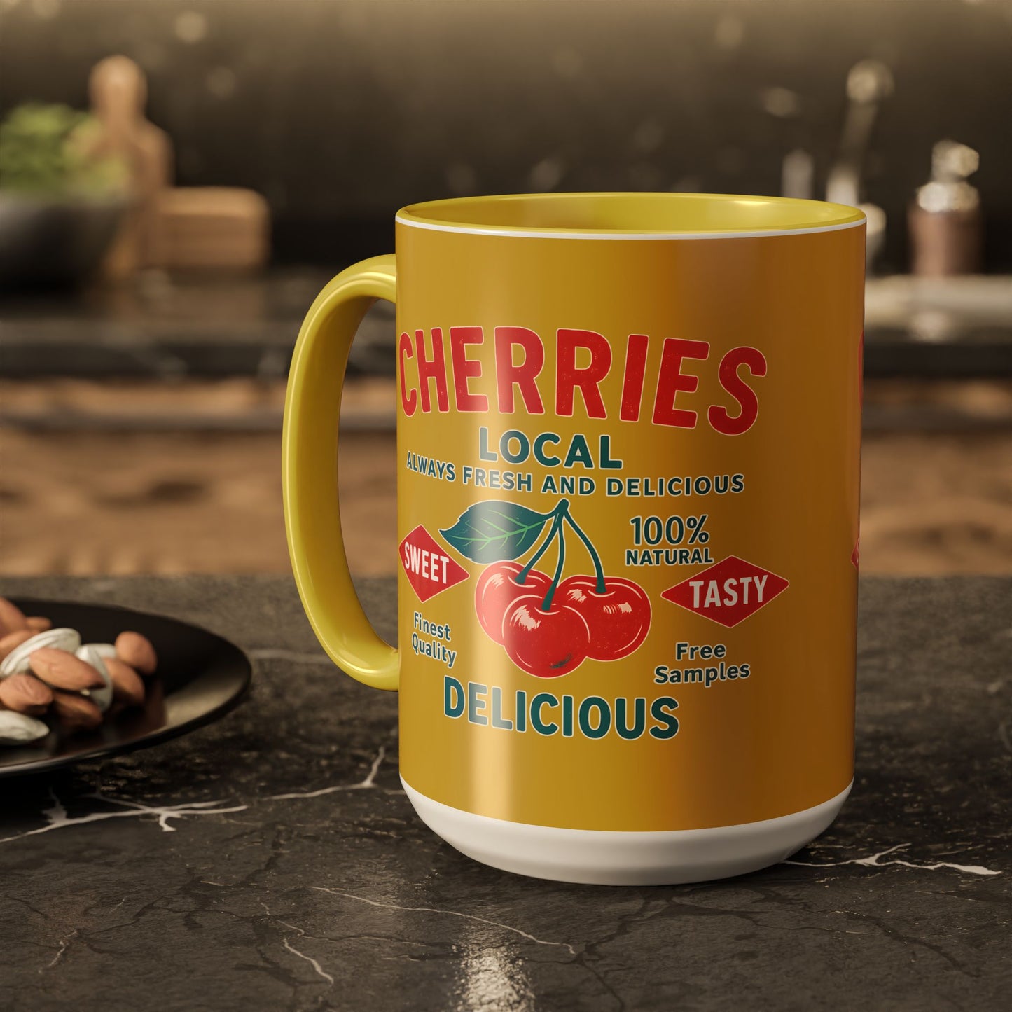 "Delicious Cherries", Colorful Mugs (11oz, 15oz) (Forgelight Gold)