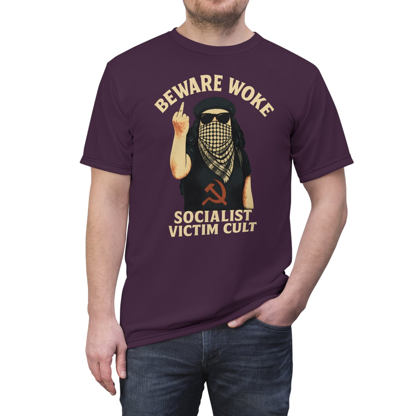 "Beware Woke - Voltaire", Wearable Art Unisex T-shirt (Blackberry Wine)