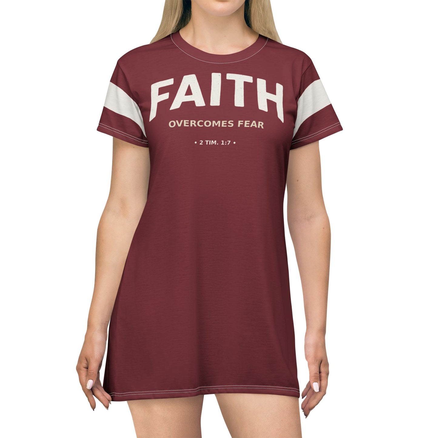 "Faith Overcomes Fear", T-Shirt Dress (Dark Cherry Red)