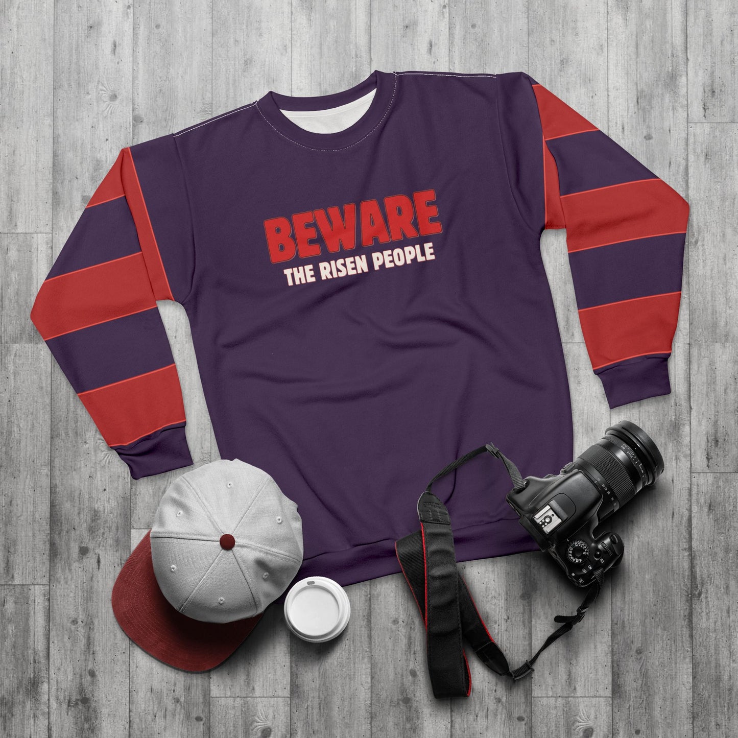 "Beware the Risen People", Unisex Sweatshirt (Red Tint Purple)