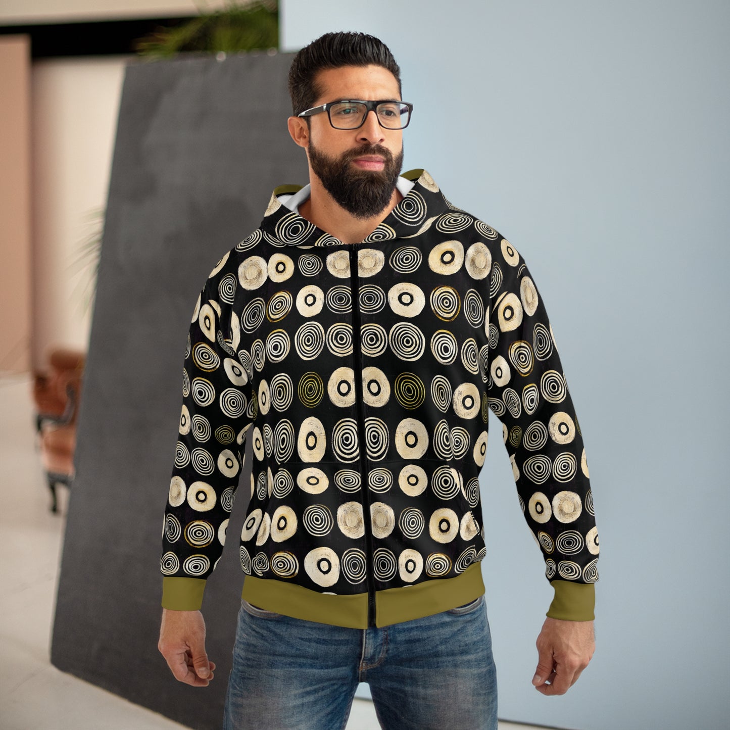 "Punk Polka", Wearable Pattern Art Unisex Zip Hoodie (Soft Fig Green Cuffs)