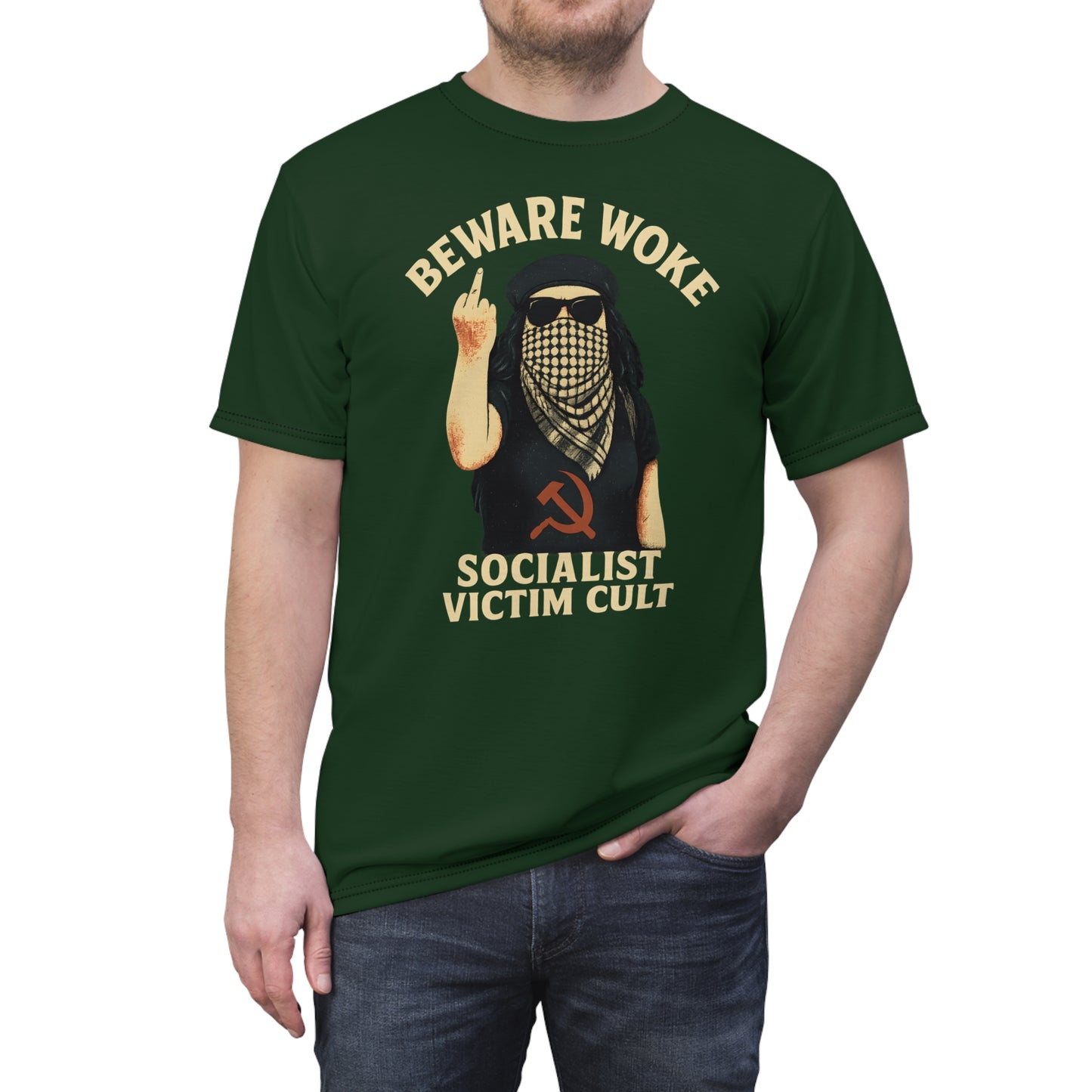 "Beware Woke - Voltaire", Wearable Art Unisex T-shirt (Mireleaf Green)