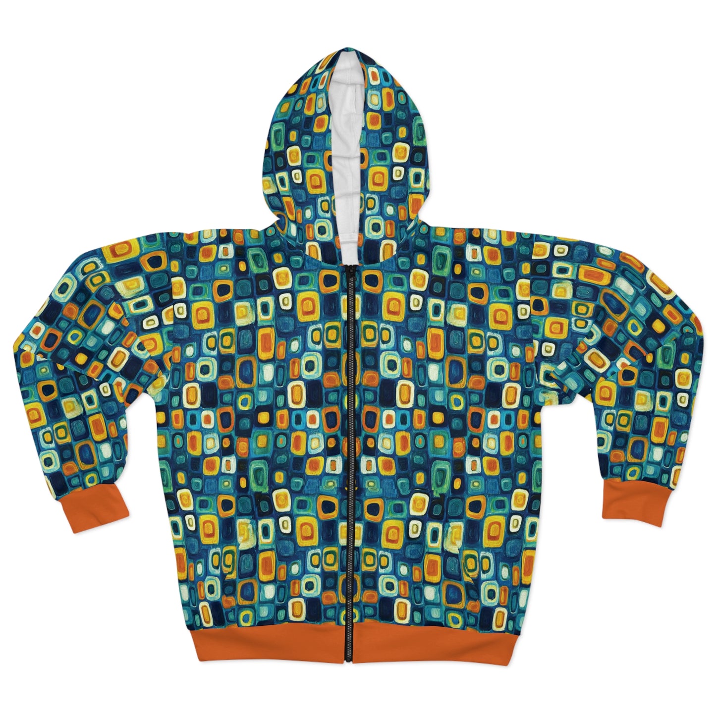 "Soul Mosaic", Unisex Wearable Art Zip Hoodie (Metallic Orange Cuffs & Waistband)
