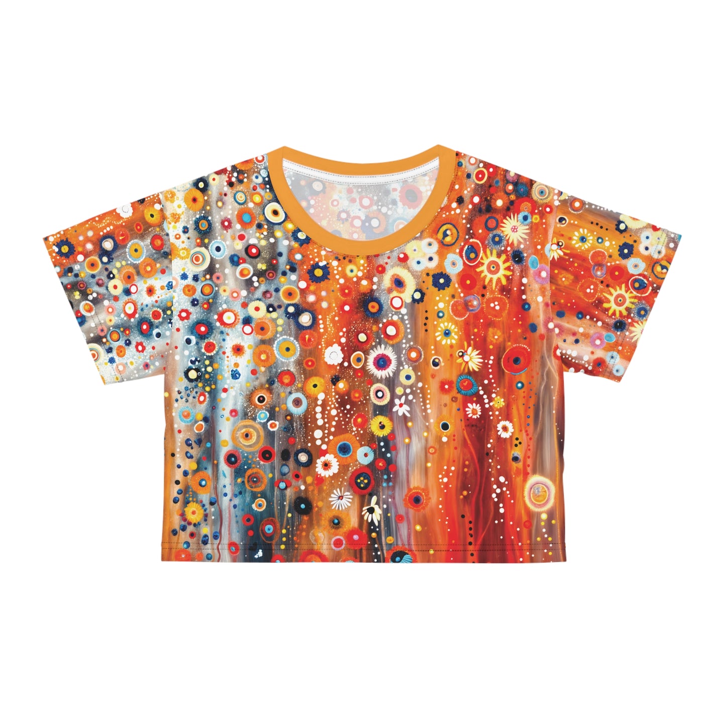 "Raining Flowers", Wearable Fine Art Crop Tee (Deep Saffron Orange Collar)