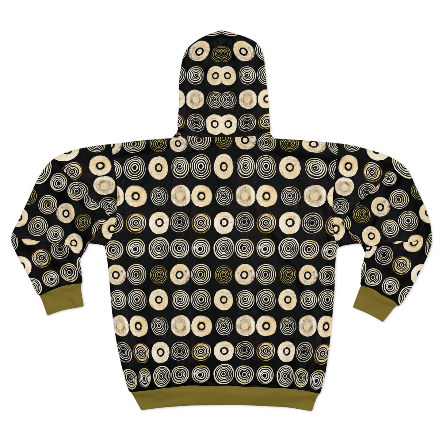 "Punk Polka", Wearable Pattern Art Unisex Zip Hoodie (Soft Fig Green Cuffs)