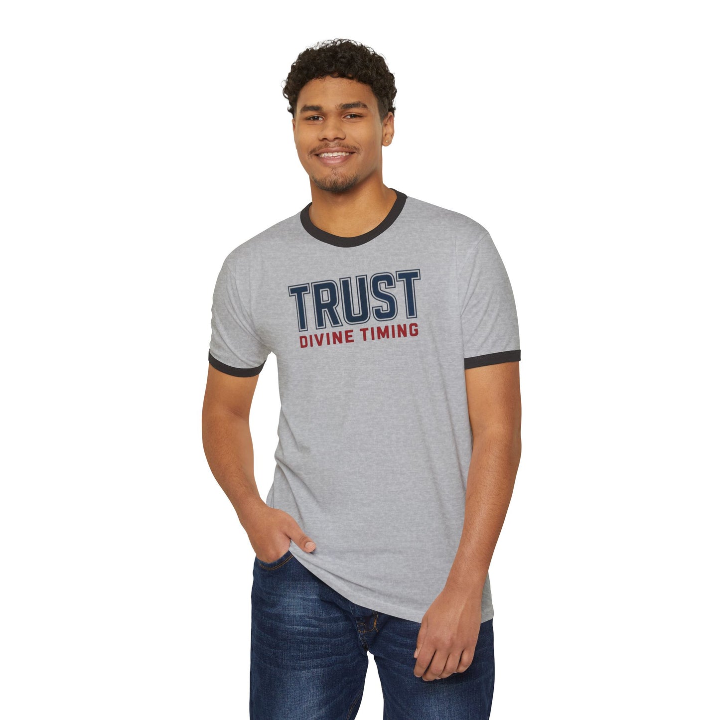 "Trust Divine Timing" #02, Unisex Cotton Ringer T-Shirt