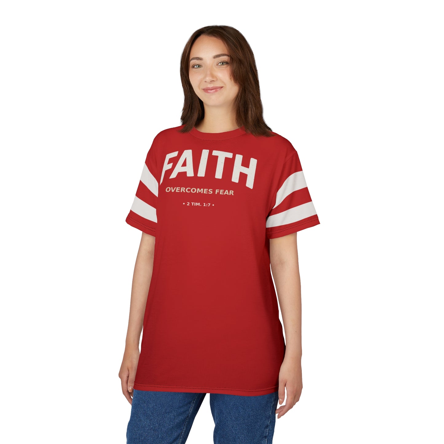 "Faith Overcomes Fear", Unisex Tee (Light Cherry Red)