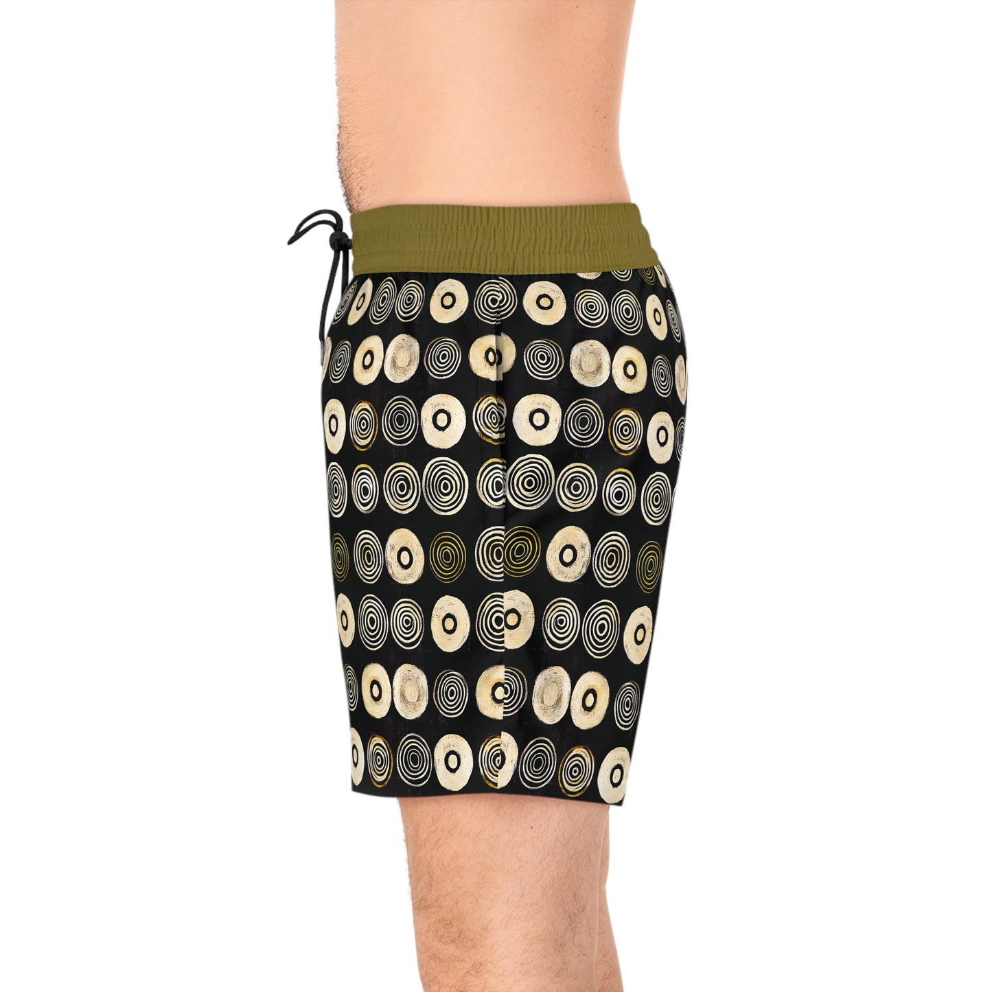"Punk Polka", Men's Mid-Length Swim Shorts (Soft Fig Green Cuffs)
