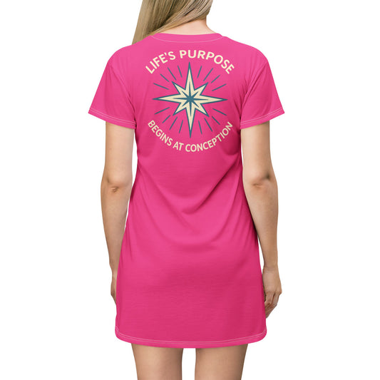 "Life's Purpose Begins at Conception #01", T-Shirt Dress (Knockout Pink)
