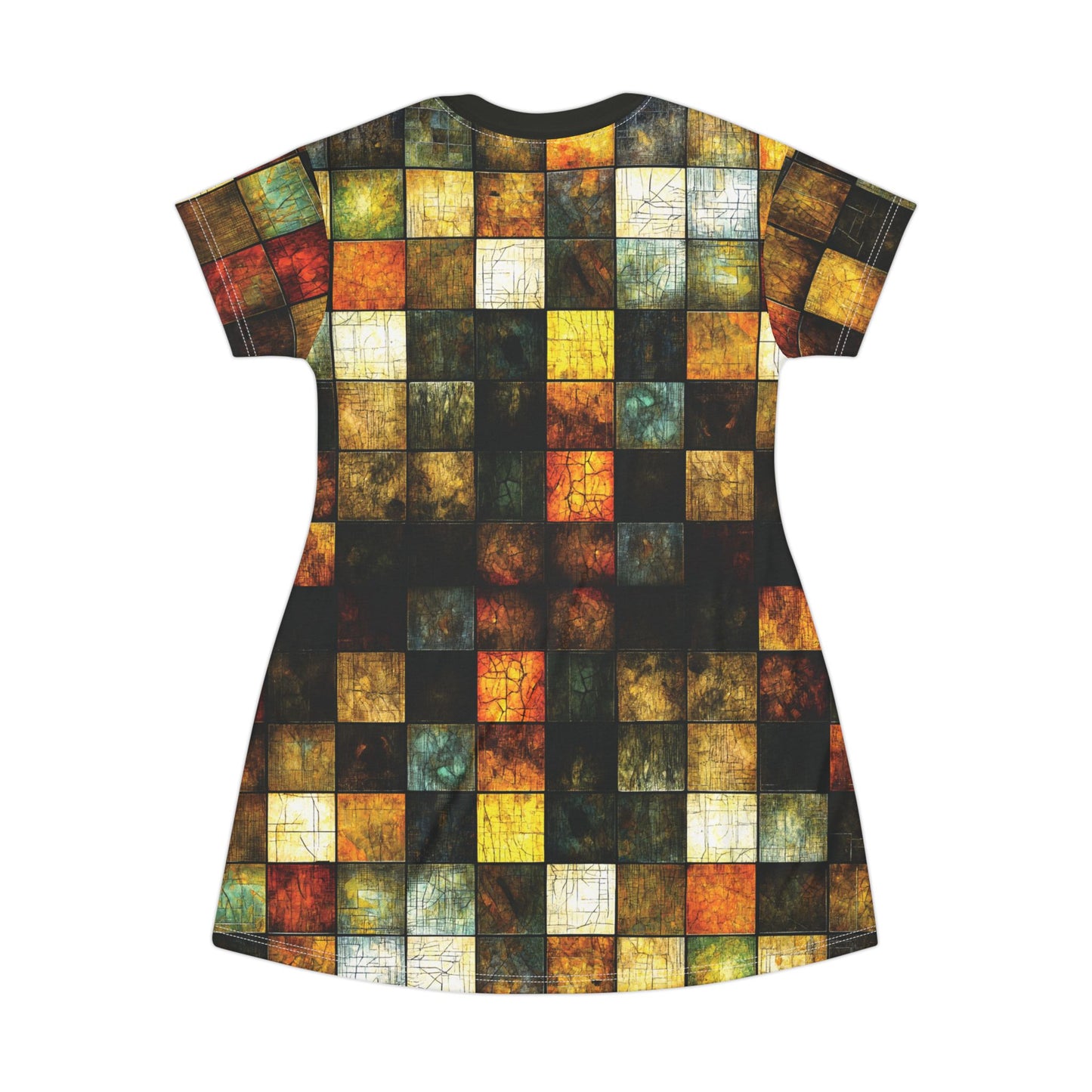 "Wood Block Pattern" #01, Wearable Fine Art T-Shirt Dress (Moss Black Collar)