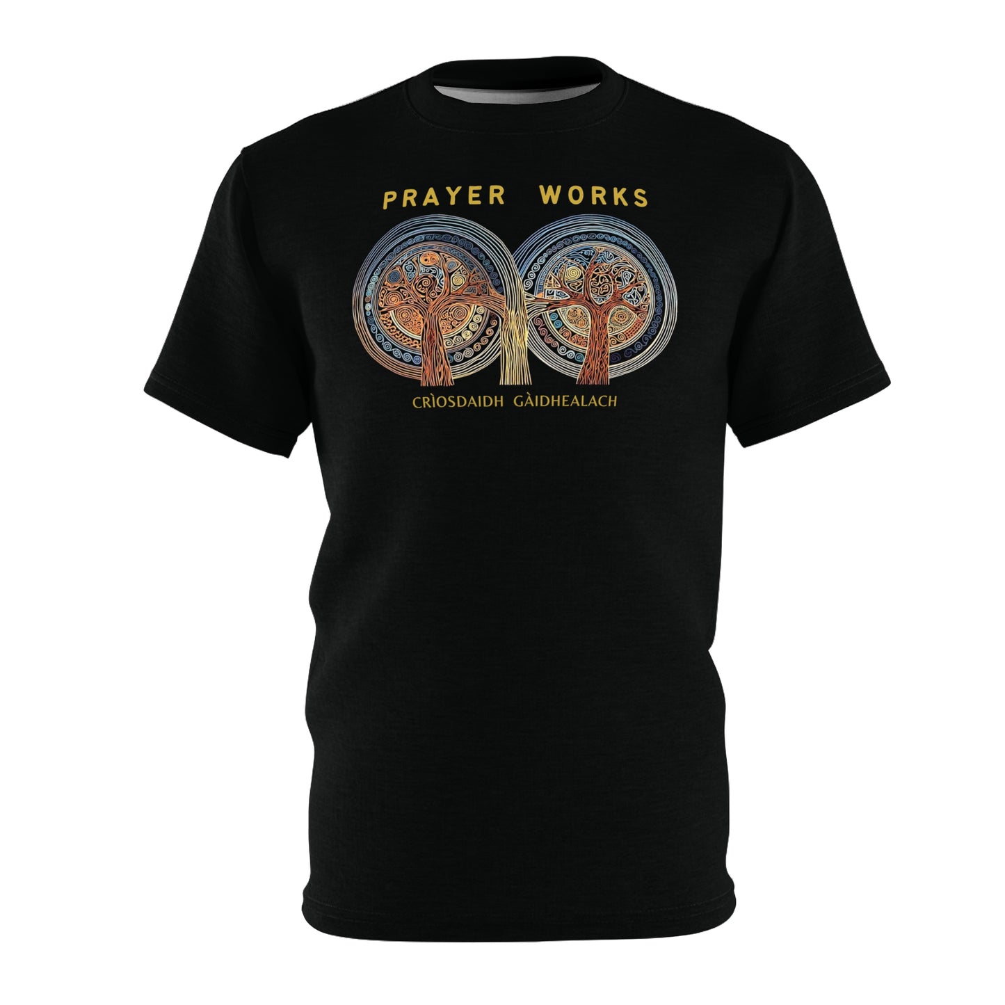 "Prayer Works – Gaelic Christian", Wearable Fine Art Unisex T-shirt (Peatshadow Black)