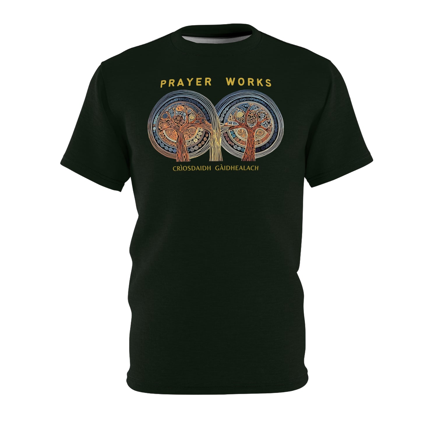 "Prayer Works – Gaelic Christian", Wearable Fine Art Unisex T-shirt (Blackstone Green)