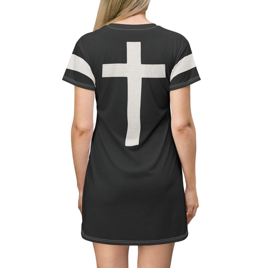 "Faith Overcomes Fear", T-Shirt Dress (Moonless Black)