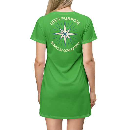"Life's Purpose Begins at Conception #01", T-Shirt Dress (Lime Green)