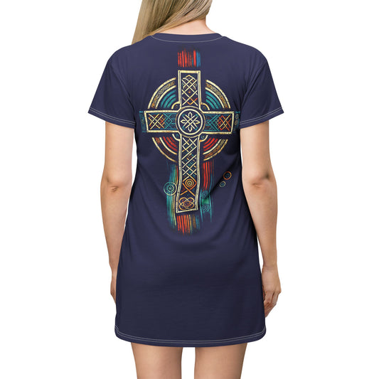 "Ancestral Faith", Wearable Art T-Shirt Dress (Obsidian Blue)