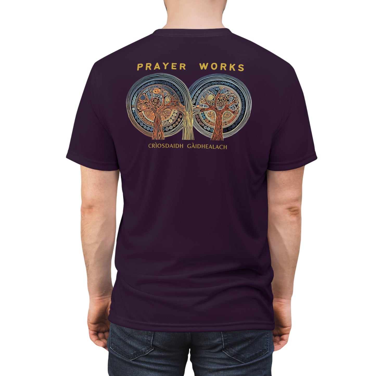 "Prayer Works – Gaelic Christian", Wearable Fine Art Unisex T-shirt (Dark Bramble)