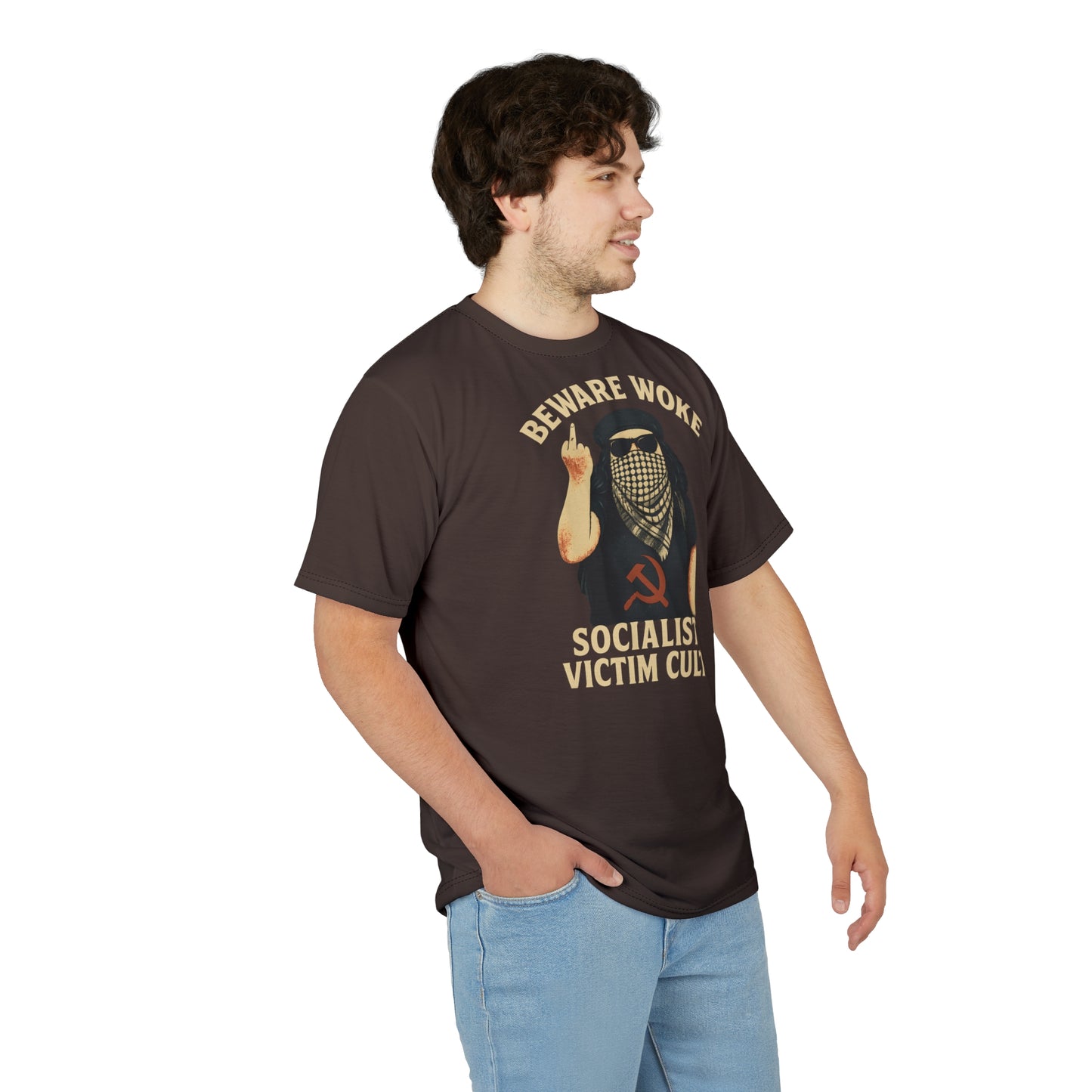 "Beware Woke - Voltaire", Wearable Art Unisex T-shirt (Skilandis Brown)