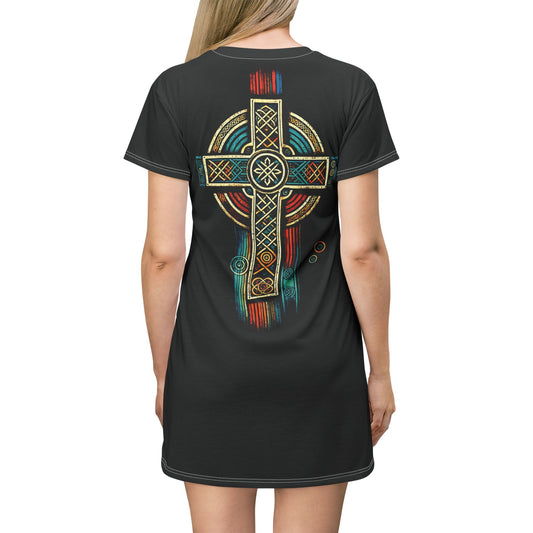 "Ancestral Faith", Wearable Art T-Shirt Dress (Void Black)
