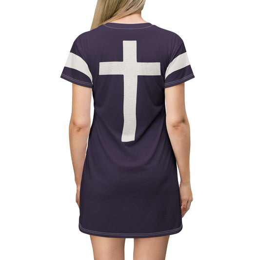 "Faith Overcomes Fear", T-Shirt Dress (Academic Purple)