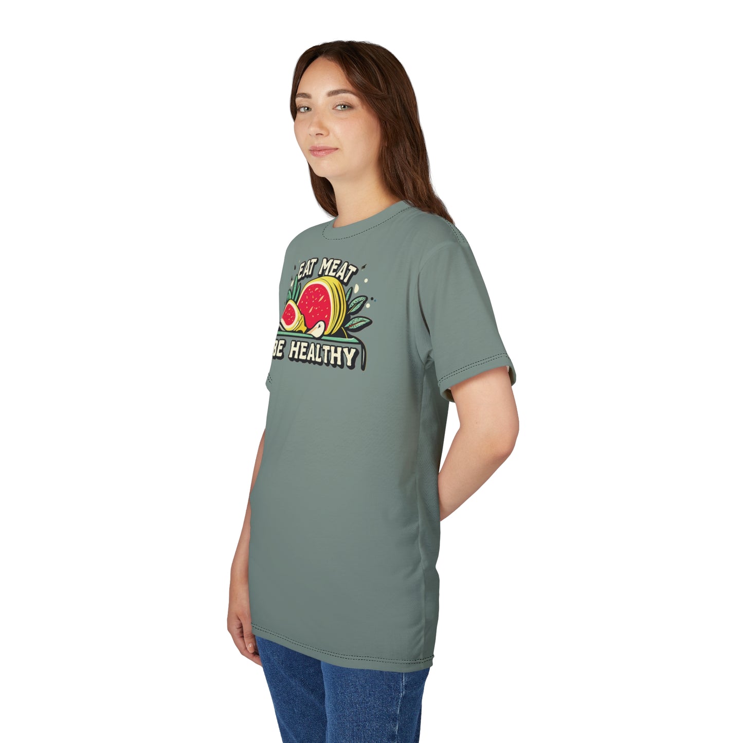 "Eat Meat & Be Healthy", Unisex T-shirt (Hebridean Flint)