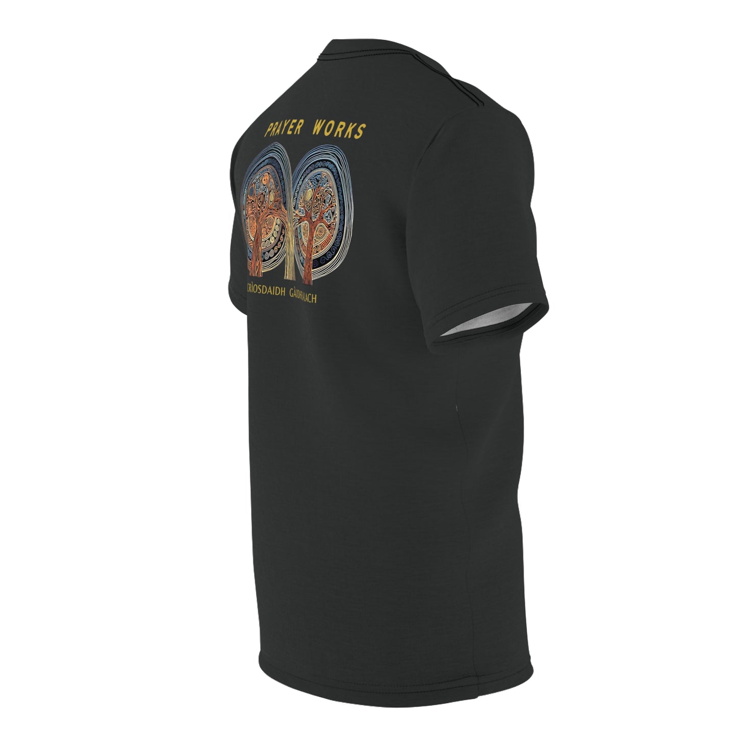 "Prayer Works – Gaelic Christian", Wearable Fine Art Unisex T-shirt (Dark Dùn Grey)