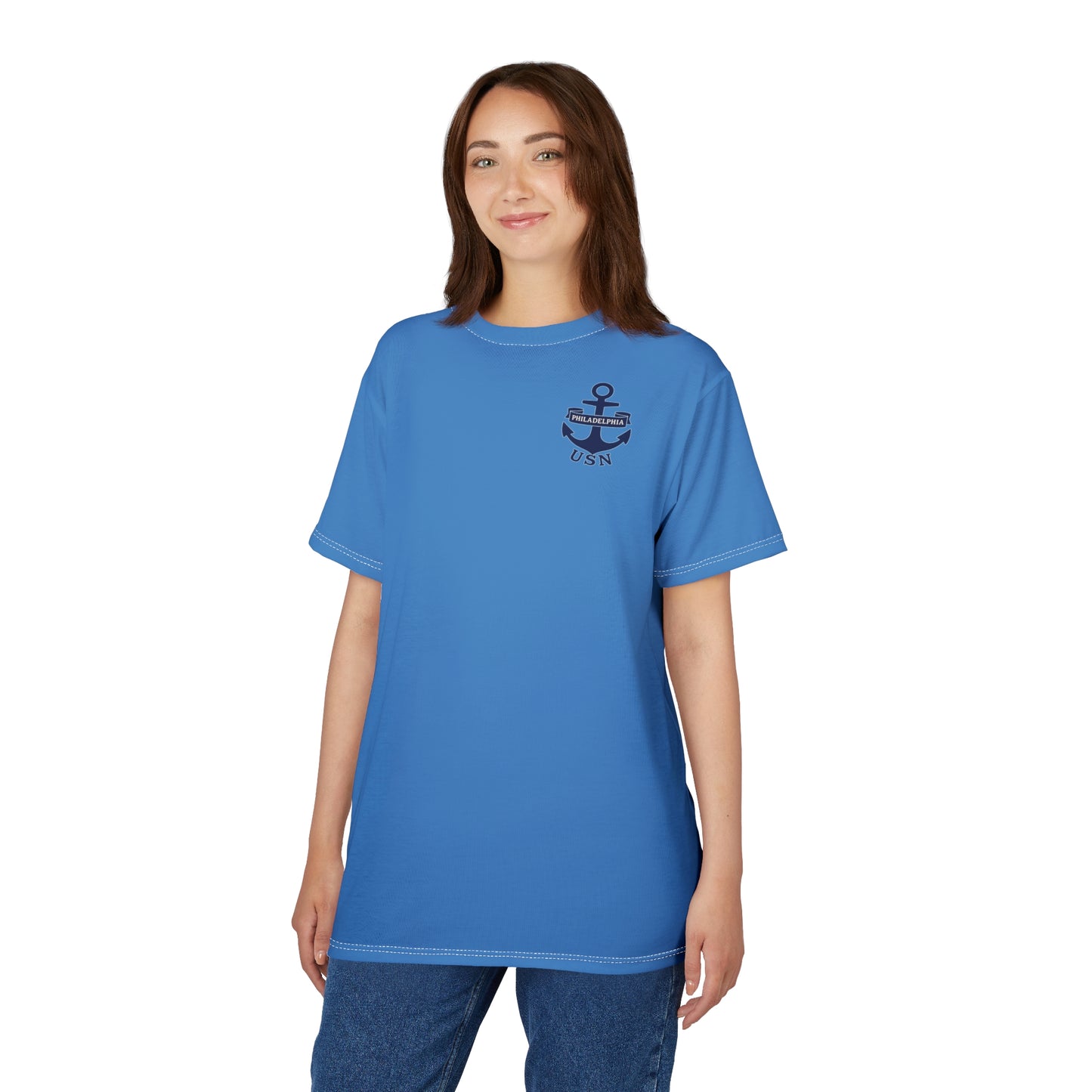 "USN Anchor", Unisex T-shirt (Pop Cyan-Atlantic Blue)
