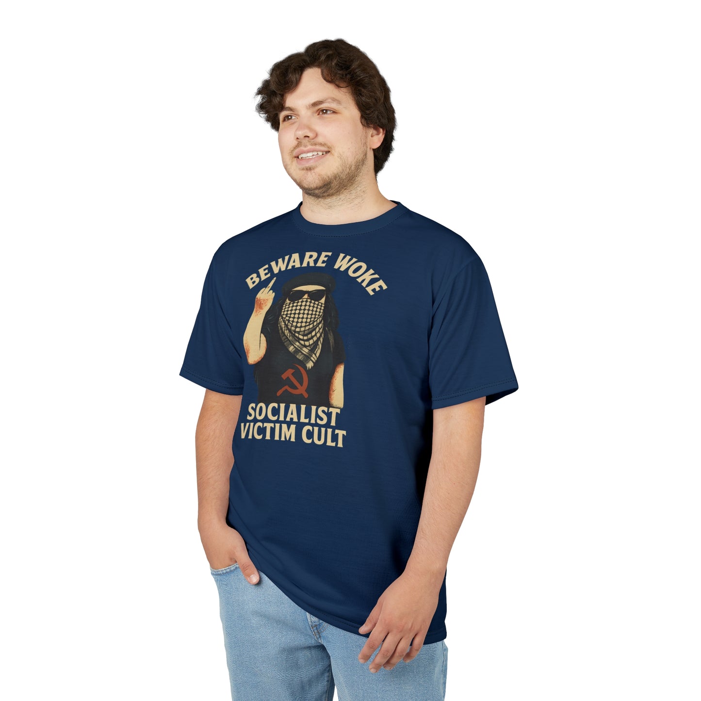 "Beware Woke - Voltaire", Wearable Art Unisex T-shirt (Höpfner Blue)