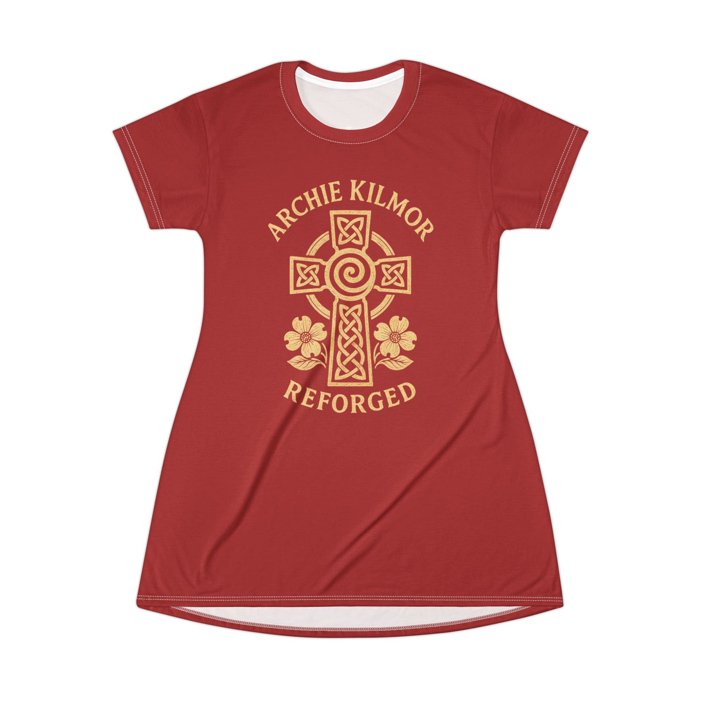 "Archie Kilmor Cross - Reforged" #01, Wearable Art T-Shirt Dress (Carnelian Red)