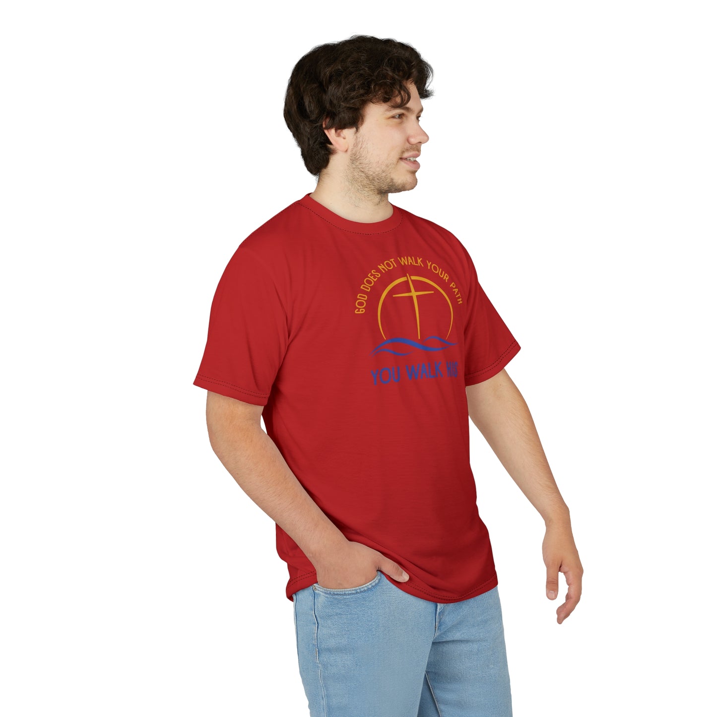 "God Does Not Walk Your Path", Unisex T-shirt (Light Cherry Red)