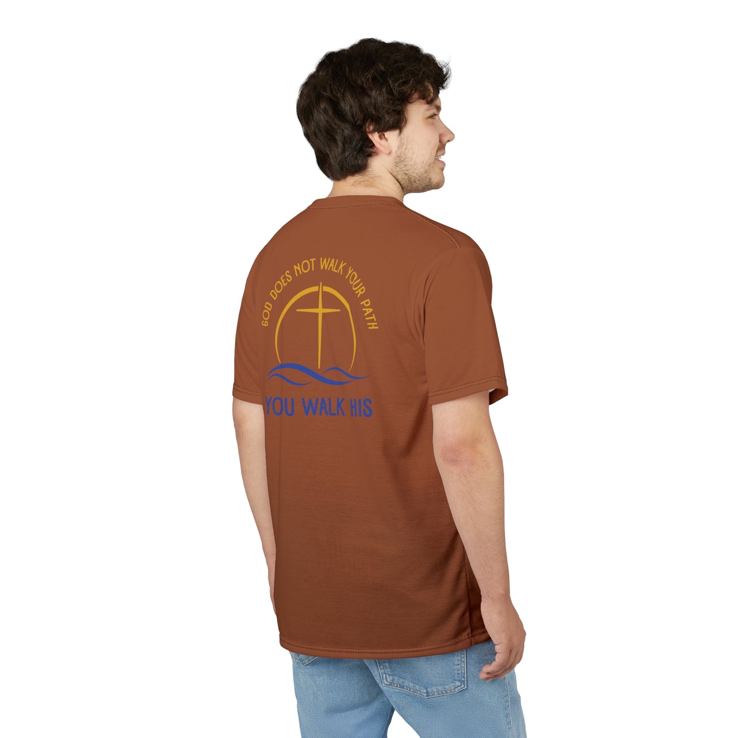 "God Does Not Walk Your Path", Unisex T-shirt (Sienna Brown)