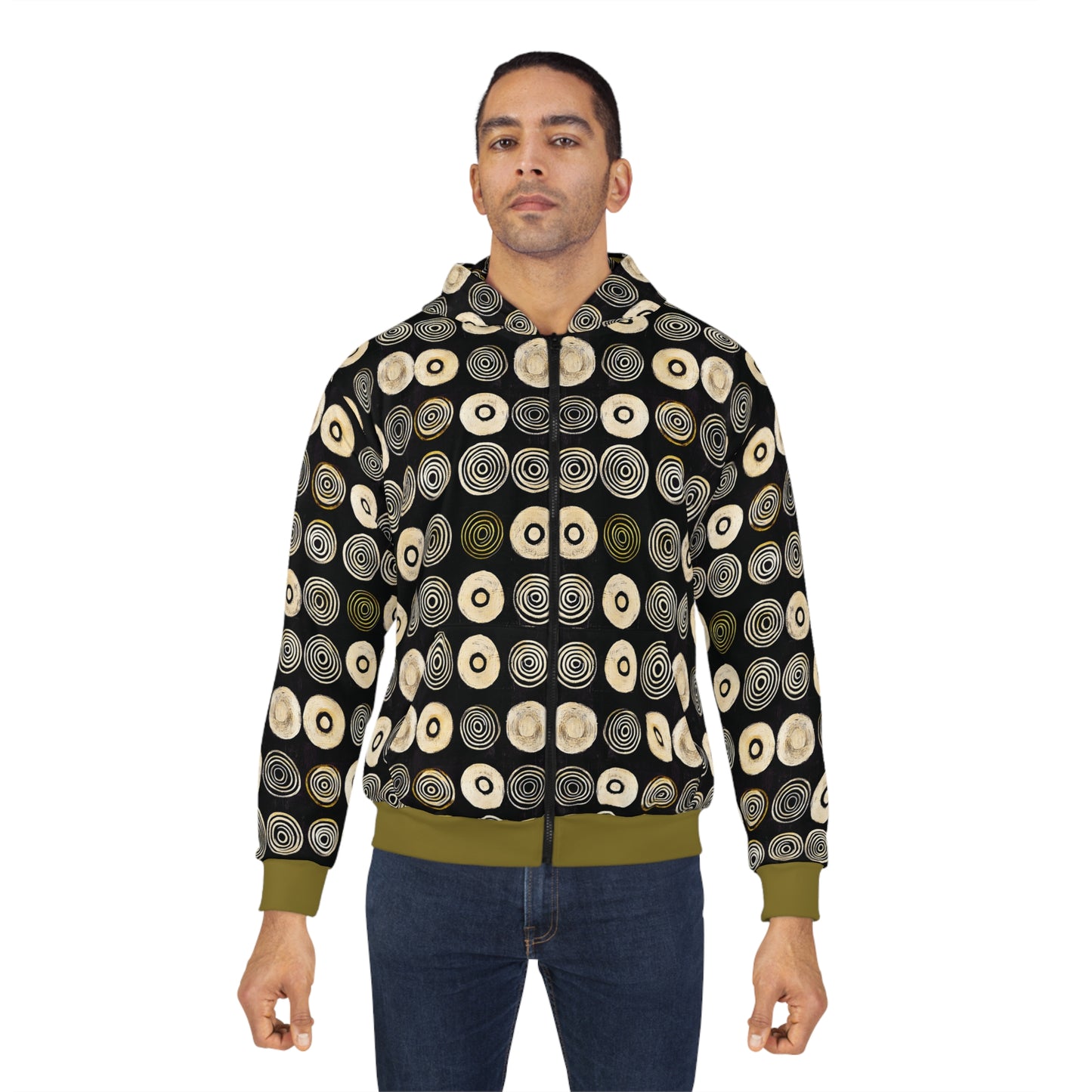 "Punk Polka", Wearable Pattern Art Unisex Zip Hoodie (Soft Fig Green Cuffs)