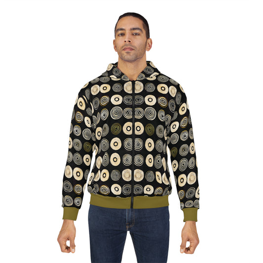 "Punk Polka", Wearable Pattern Art Unisex Zip Hoodie (Soft Fig Green Cuffs)