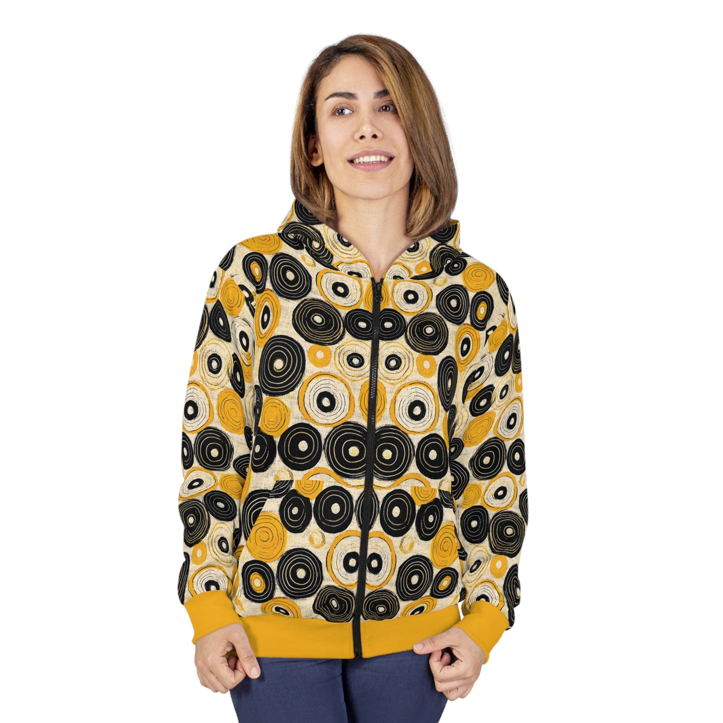 "Old 45's", Wearable Pattern Art Unisex Zip Hoodie (Cyber Yellow Cuffs)