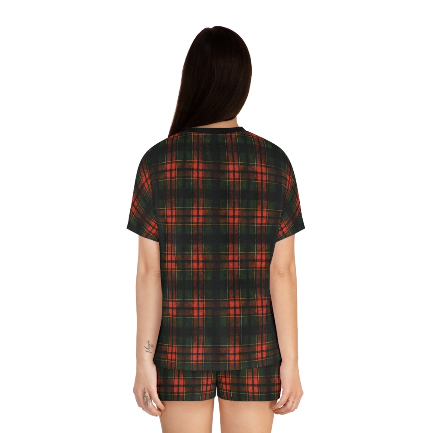 "Kilmor Brieve Tartan", Women's Short Pajama Set (Black Collar & Waist)