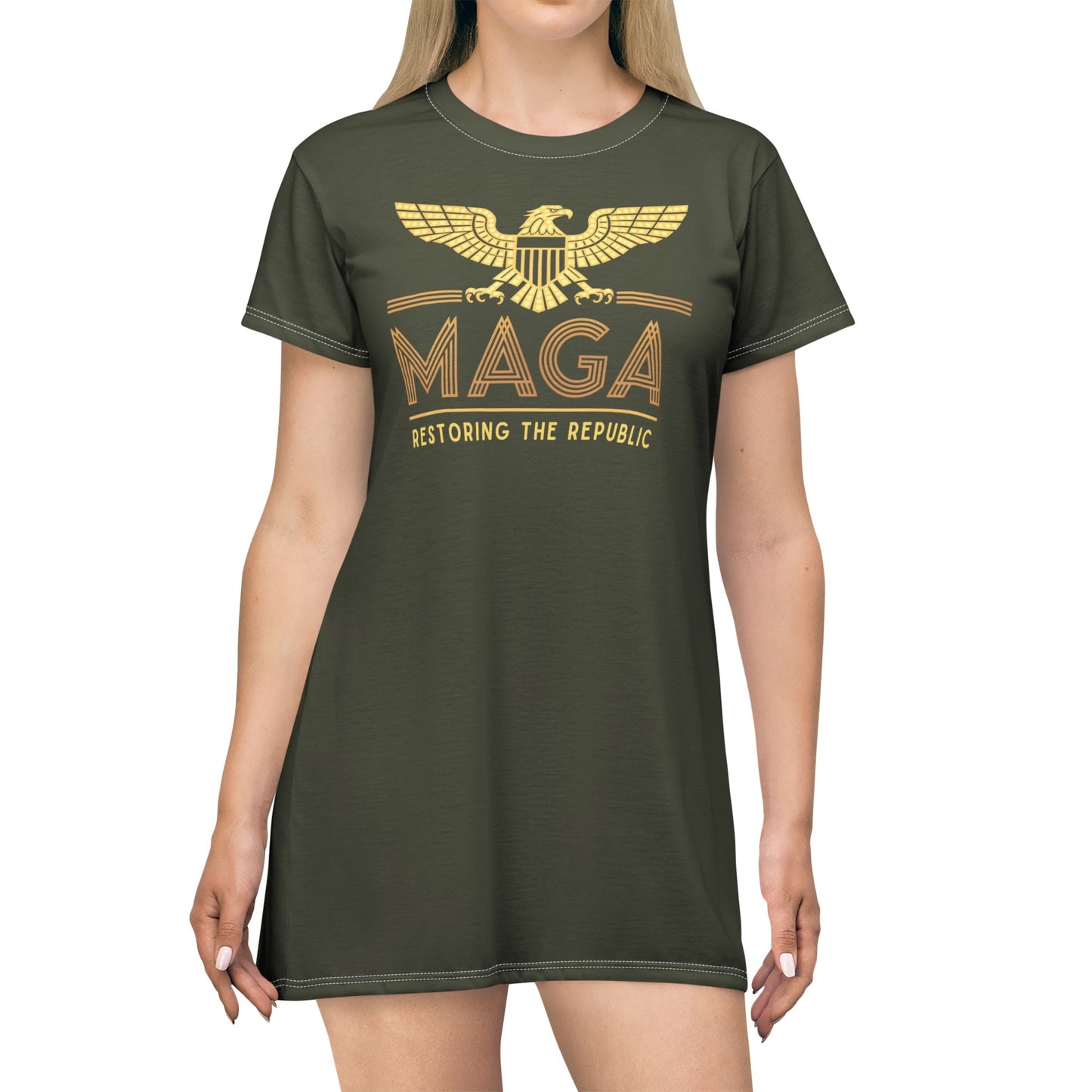 "MAGA - Restoring the Republic", T-Shirt Dress (Dark Olive Green)